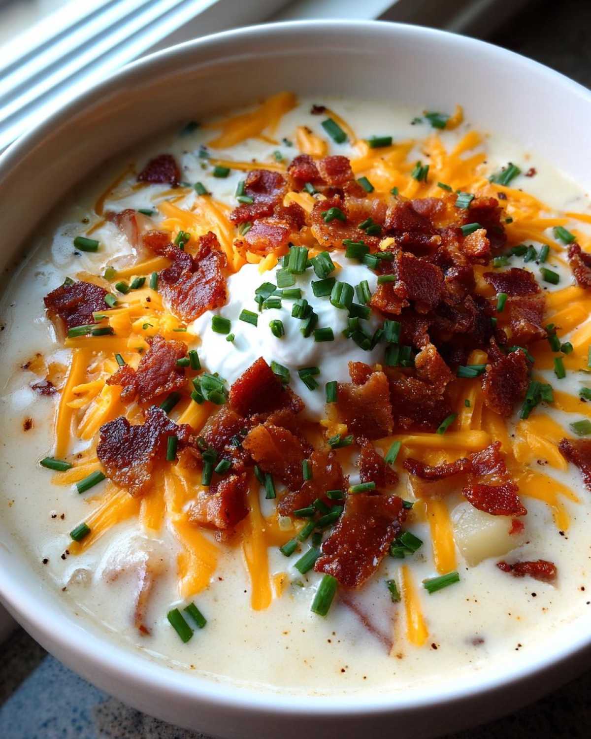 Close-up of a creamy bowl of loaded baked potato soup topped with bacon, cheddar cheese, sour cream, and chives.