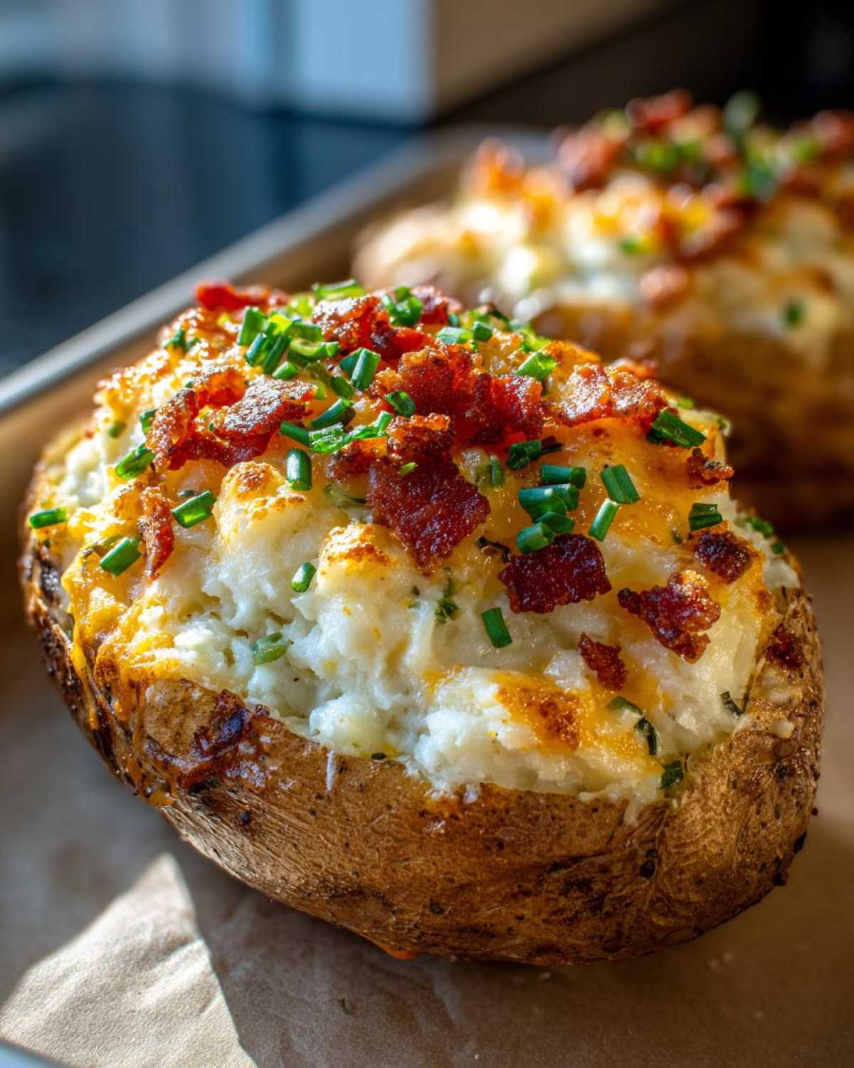 Close-up of a golden brown twice baked potato stuffed with creamy filling, topped with melted cheese, crispy bacon bits, and fresh chives.