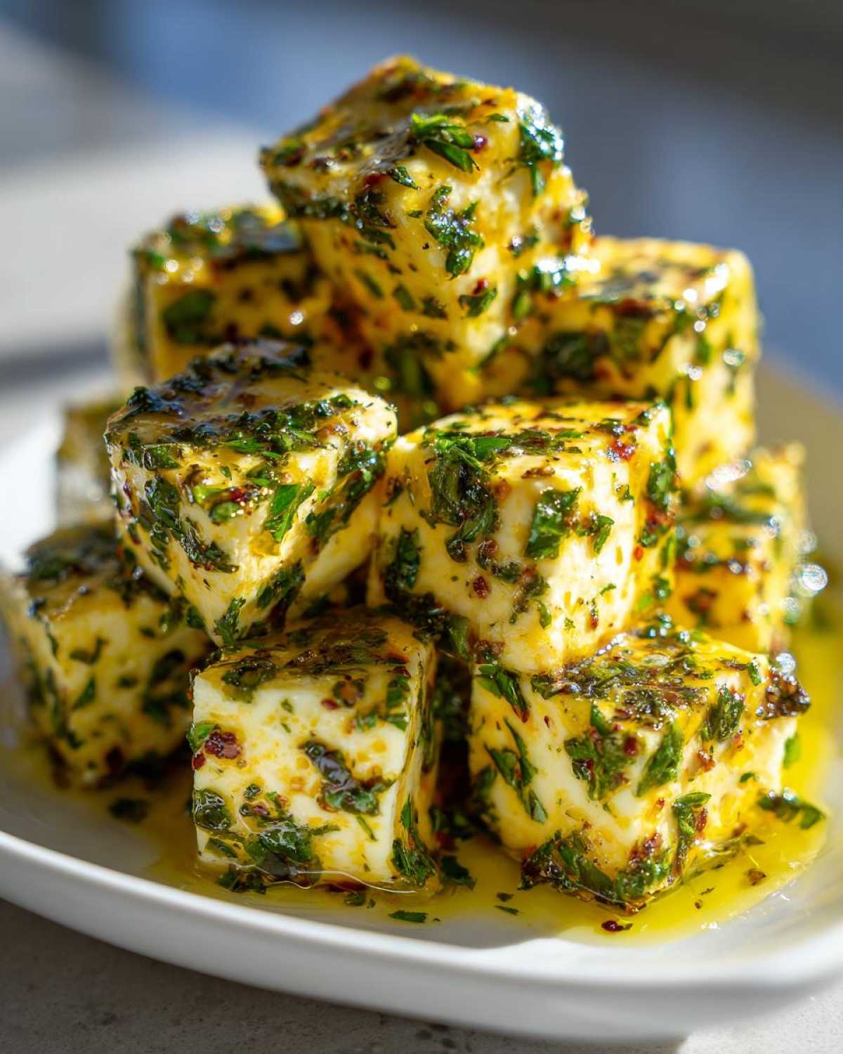 Close-up of stacked cubes of marinated cheese coated heavily in green herbs and chili flakes in olive oil.