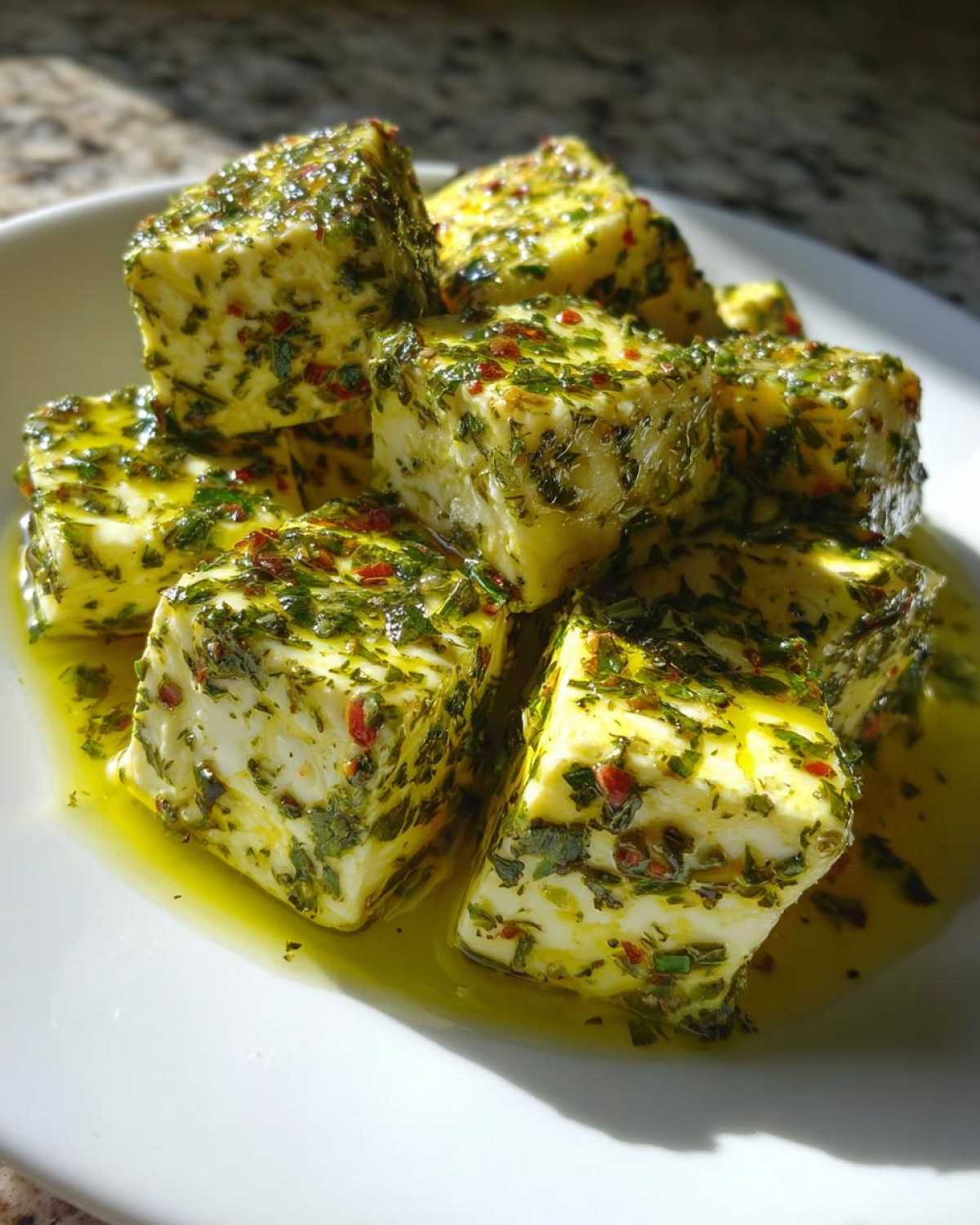 Close-up of cubed marinated cheese generously coated in green herbs and red pepper flakes, sitting in olive oil.