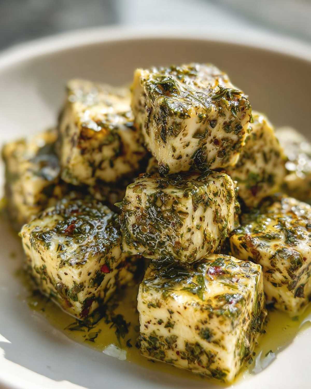 Close-up of cubed white cheese heavily coated in green herbs and oil from being marinated cheese.