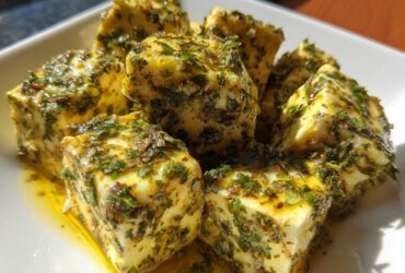 Close-up of several cubes of bright yellow marinated cheese heavily coated in green herbs and oil.