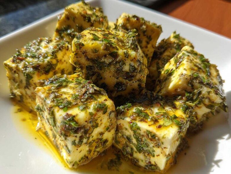 Close-up of several cubes of bright yellow marinated cheese heavily coated in green herbs and oil.