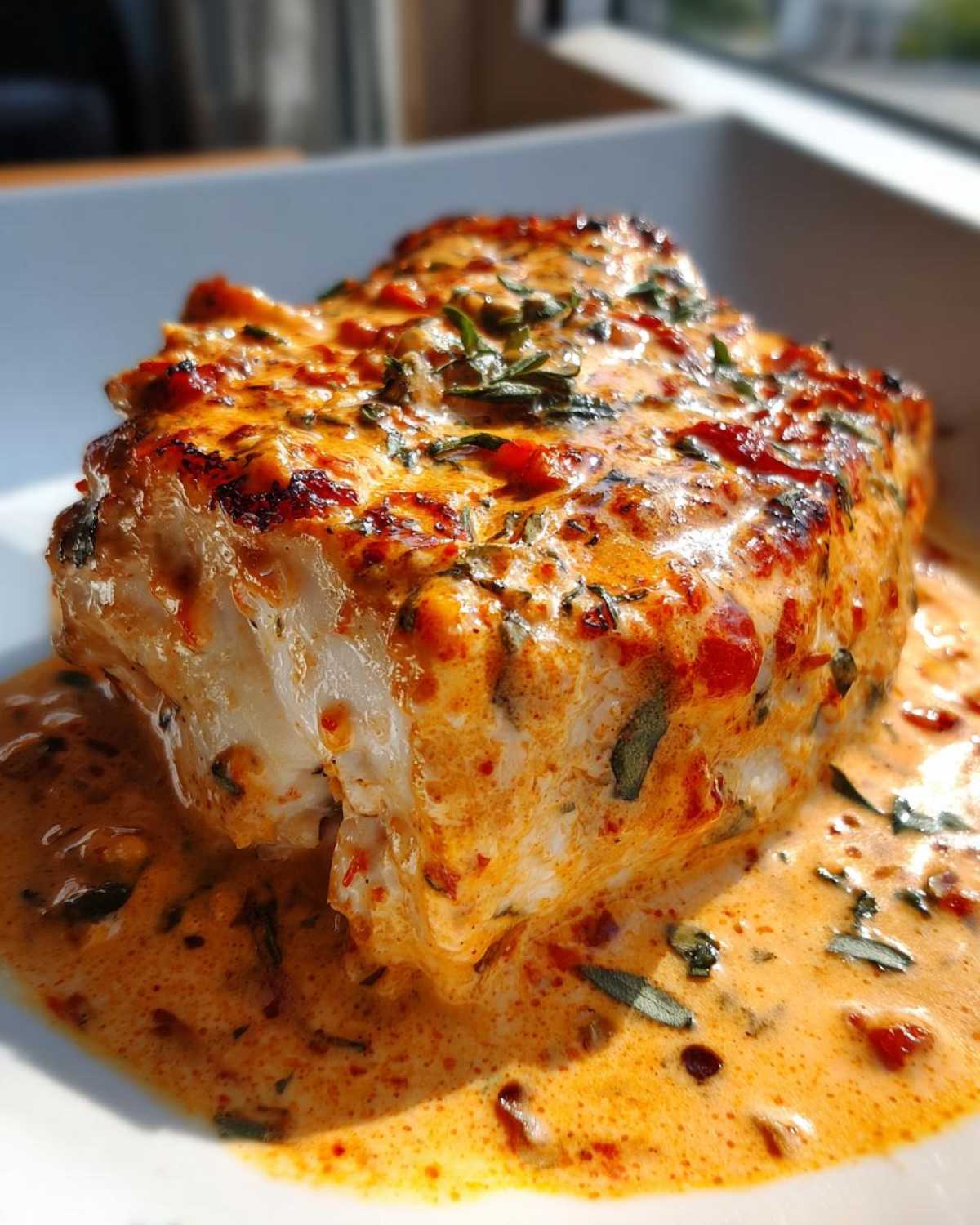 A close-up of a piece of chicken smothered in the creamy, orange-hued sauce characteristic of marry me chicken.