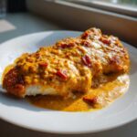 Close-up of a perfectly cooked piece of Marry Me Chicken smothered in a rich, creamy, orange-hued sauce with sun-dried tomatoes.