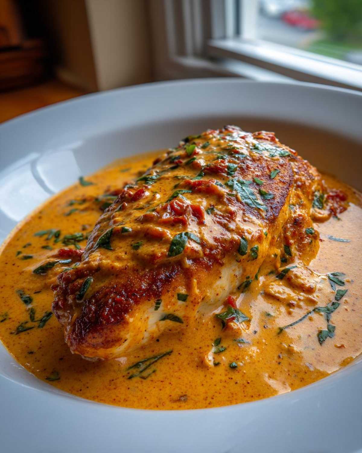 Close-up of a seared chicken breast smothered in creamy, orange-hued marry me chicken sauce with sun-dried tomatoes and parsley.