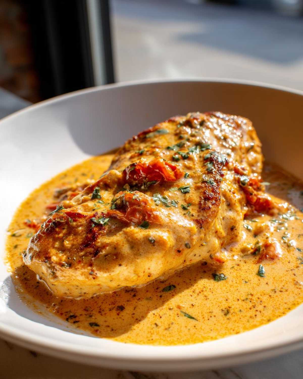 A close-up of a seared chicken breast smothered in creamy, sun-dried tomato sauce, the signature Marry Me Chicken.
