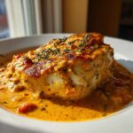 A thick piece of chicken breast covered in creamy, orange-hued marry me chicken sauce, garnished with herbs.