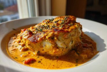A thick piece of chicken breast covered in creamy, orange-hued marry me chicken sauce, garnished with herbs.