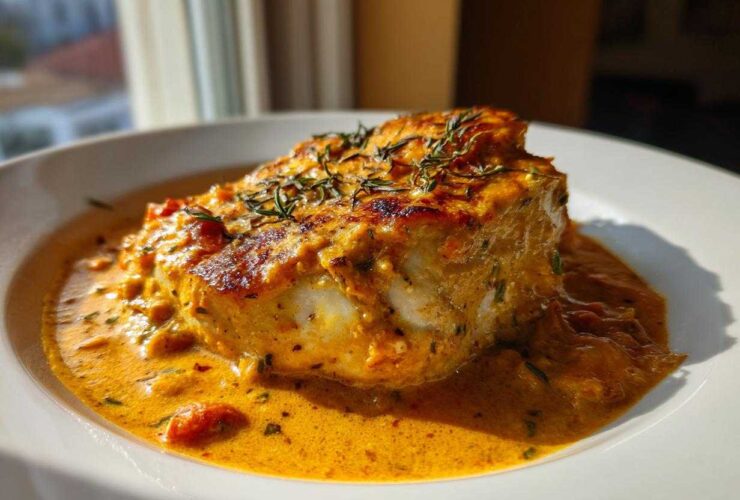 A thick piece of chicken breast covered in creamy, orange-hued marry me chicken sauce, garnished with herbs.