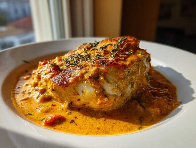 A thick piece of chicken breast covered in creamy, orange-hued marry me chicken sauce, garnished with herbs.
