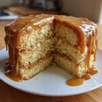 A slice cut from a layered caramel cake, showing moist sponge layers dripping with thick caramel sauce.