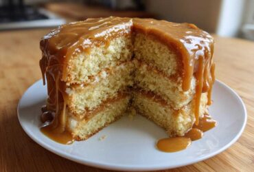 A slice cut from a layered caramel cake, showing moist sponge layers dripping with thick caramel sauce.
