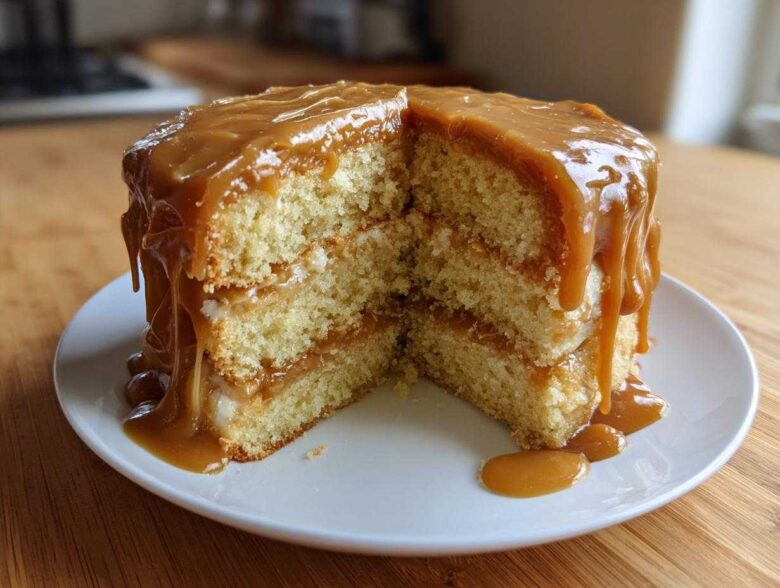A slice cut from a layered caramel cake, showing moist sponge layers dripping with thick caramel sauce.