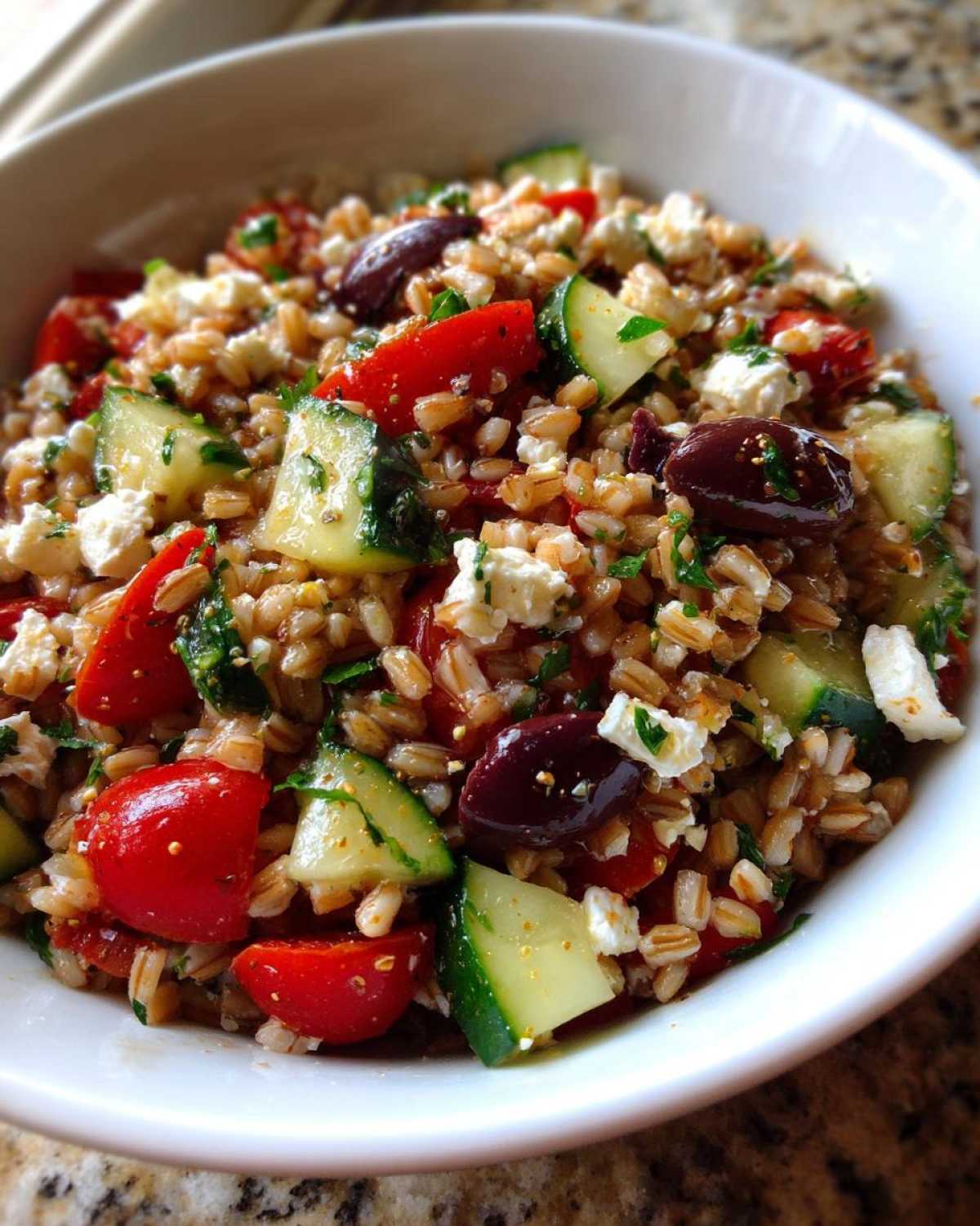 A close-up view of a vibrant Mediterranean farro salad featuring farro, cucumbers, tomatoes, olives, and feta cheese.
