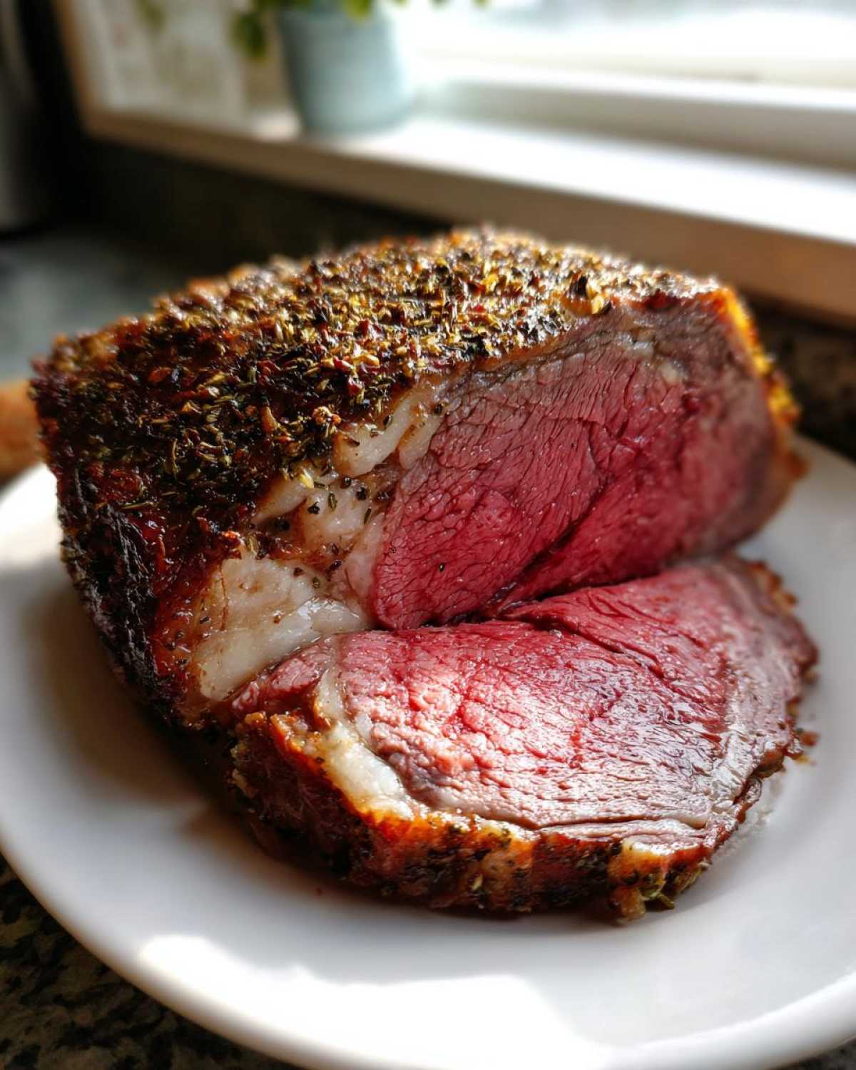Close-up of a perfectly cooked, medium-rare rib roast with a dark herb crust, resting on a white plate.