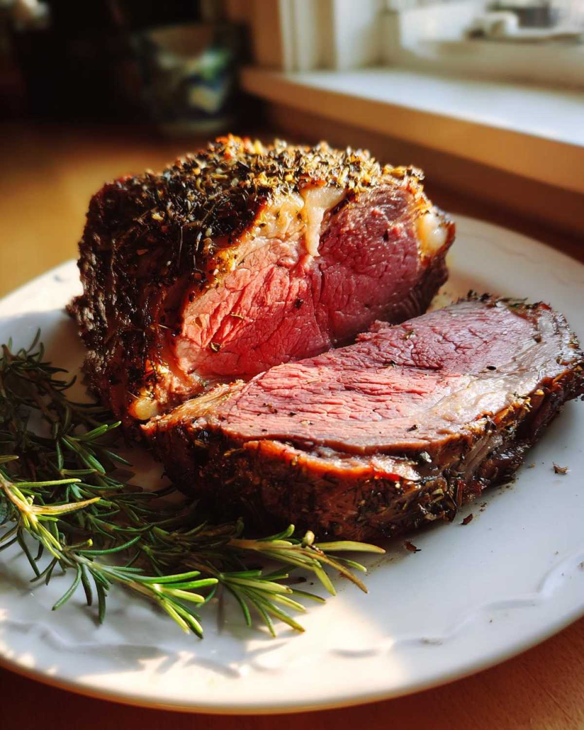 Close-up of a medium-rare rib roast, sliced to show the pink center, seasoned with a dark herb crust, garnished with rosemary.