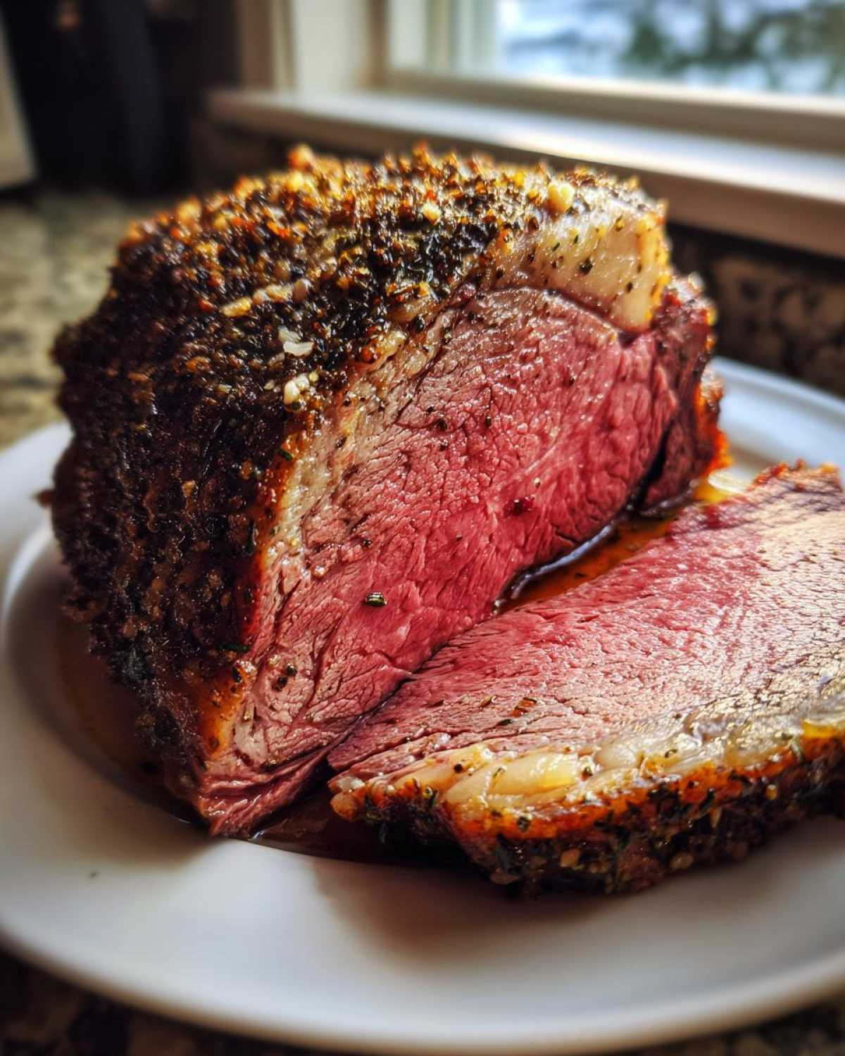 Close-up of a juicy, medium-rare rib roast with a dark, seasoned crust, resting on a white plate.