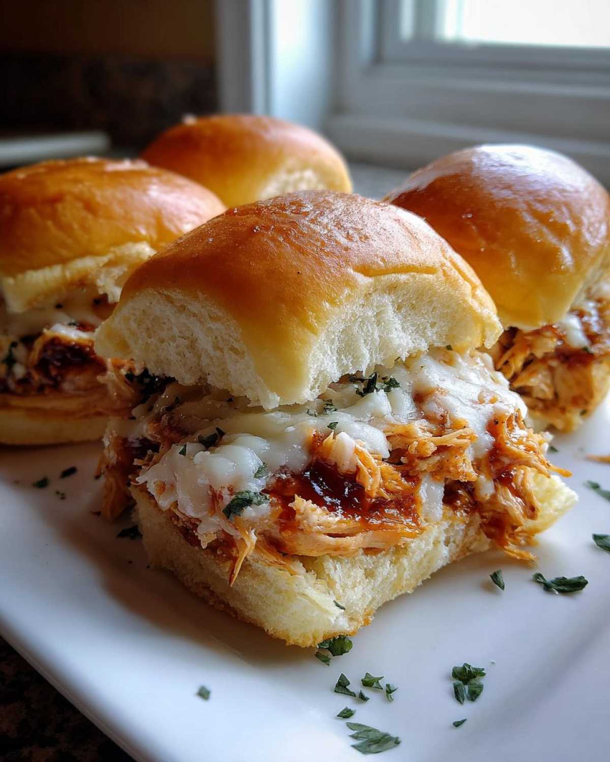 Close-up of a cheesy bbq chicken sliders sandwich with shredded chicken and melted mozzarella, garnished with parsley.