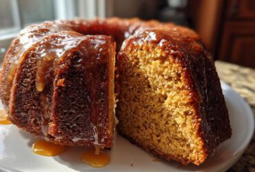 A slice cut from a whole Bacardi rum cake, showing the moist crumb and rich caramel glaze dripping down the sides.