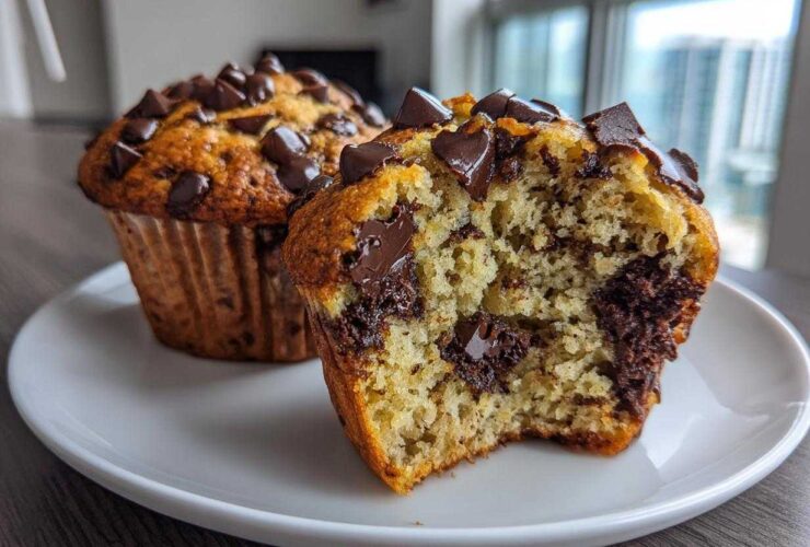 Close-up of two banana chocolate chip muffins, one broken open showing a moist interior packed with chocolate chunks.