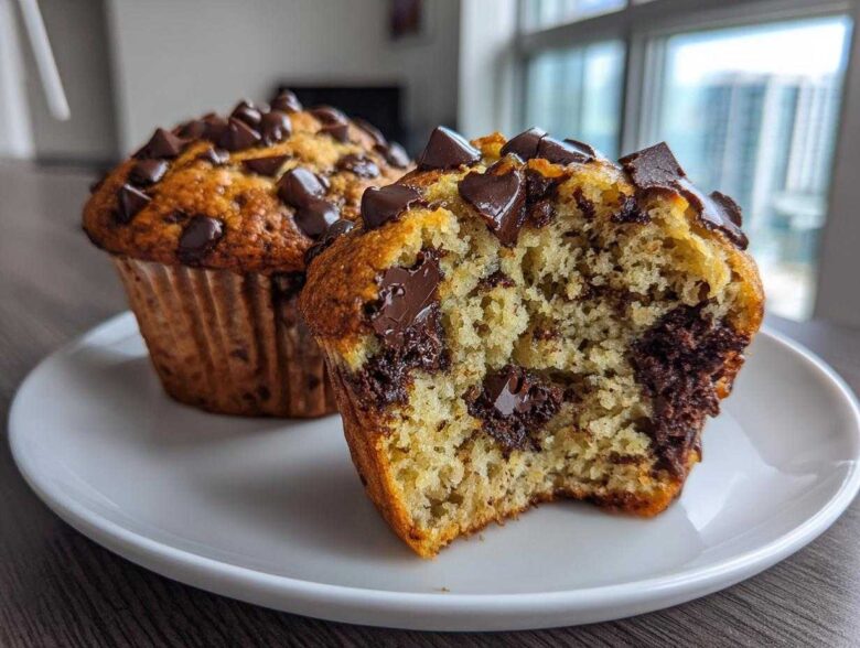 Close-up of two banana chocolate chip muffins, one broken open showing a moist interior packed with chocolate chunks.