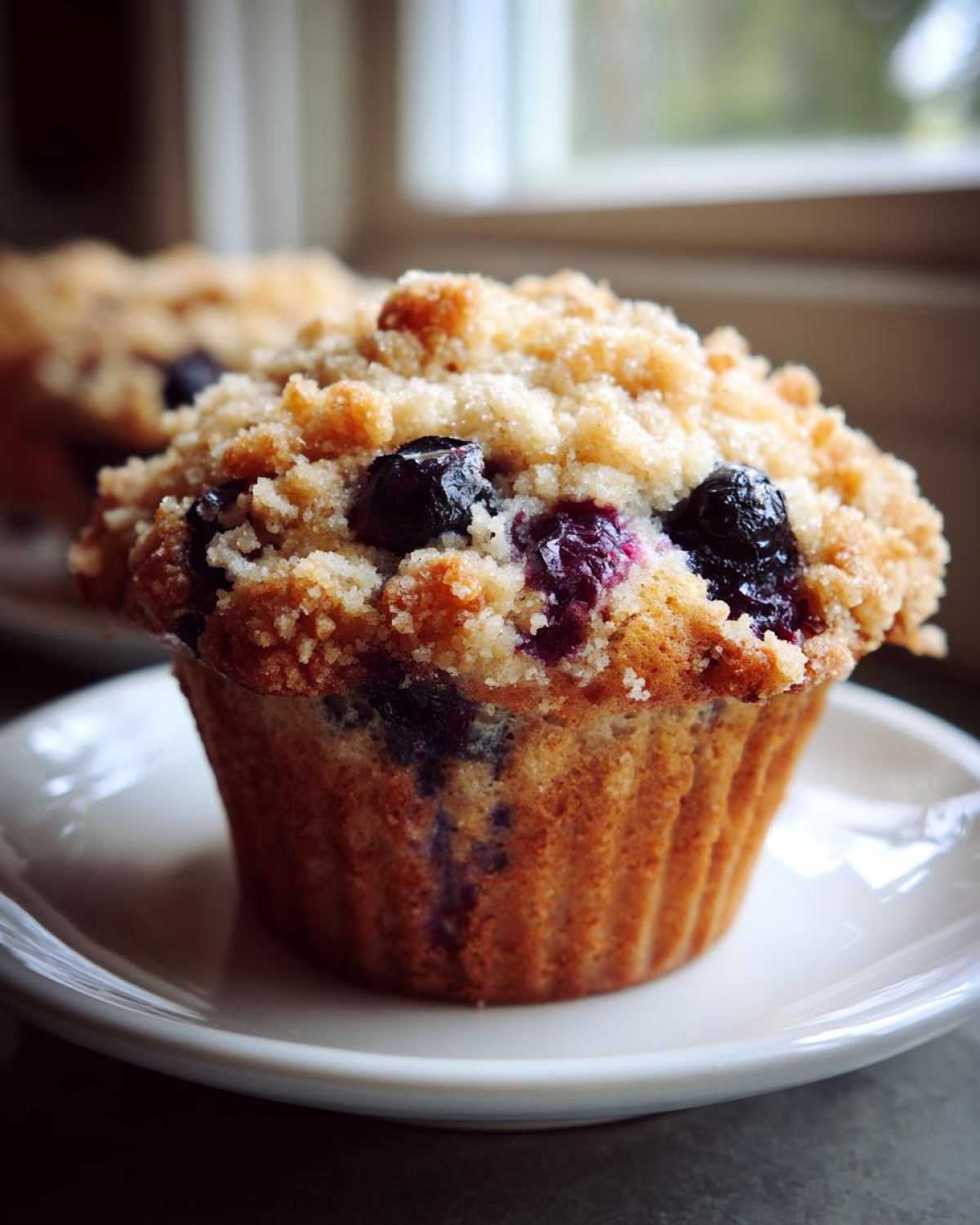 Close-up of a moist blueberry muffin topped with sweet streusel, highlighting the fresh blueberries.