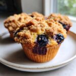 Close-up of a moist blueberry muffin featuring a generous, golden crumb topping and visible burst blueberries.