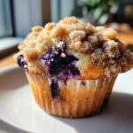 Close-up of a perfectly baked blueberry muffins with a golden crumb topping sitting on a white plate.