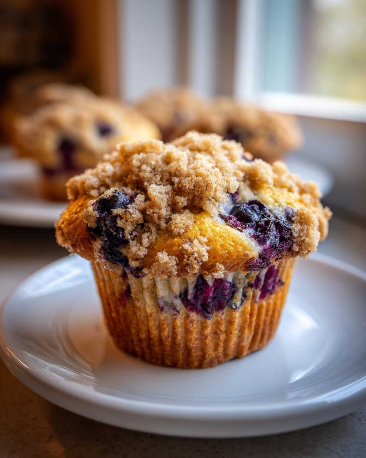 Close-up of a moist blueberry muffin topped with brown sugar streusel, sitting on a white plate.