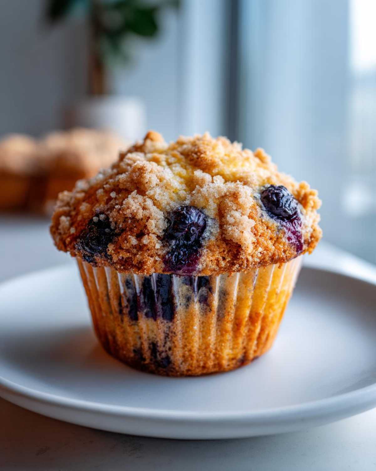 Close-up of a moist blueberry muffins topped with golden brown streusel, sitting on a white plate.