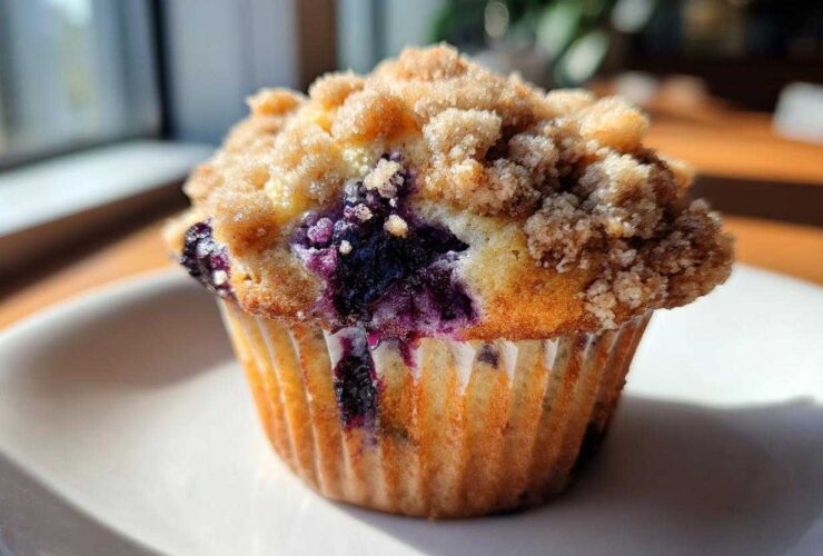 Close-up of a perfectly baked blueberry muffins with a golden crumb topping sitting on a white plate.