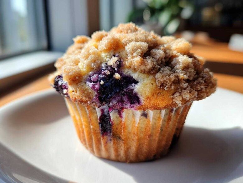 Close-up of a perfectly baked blueberry muffins with a golden crumb topping sitting on a white plate.