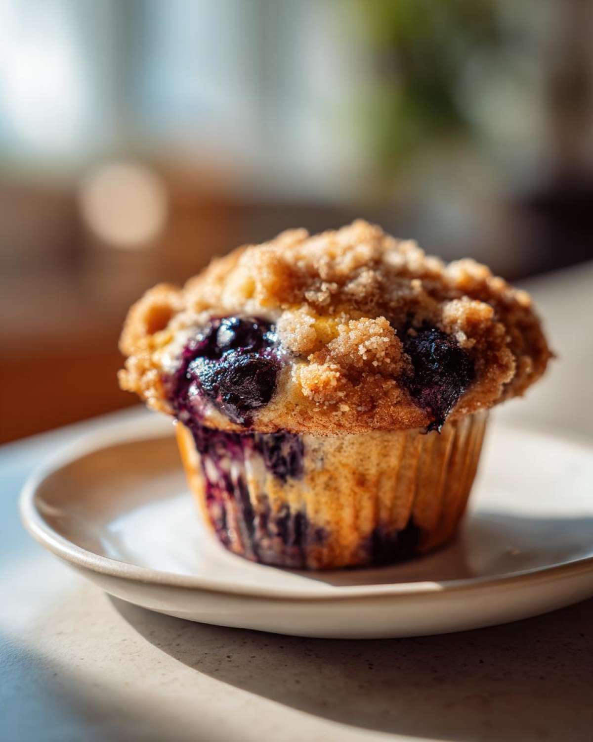 A single, perfectly baked blueberry muffin with a crumbly streusel top sits on a small plate.