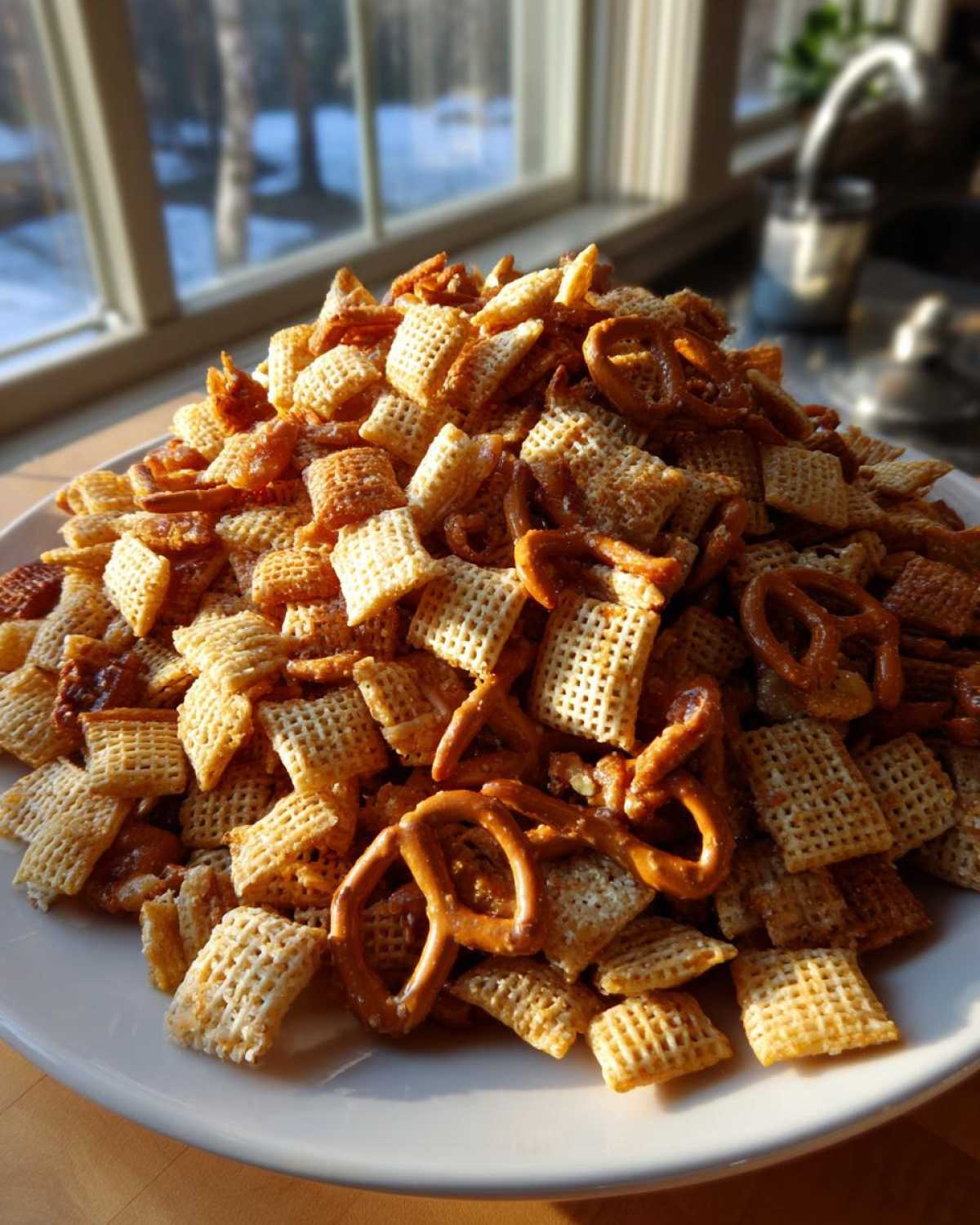 A large mound of homemade chex party mix, featuring square cereal pieces and pretzels, piled high on a white plate.