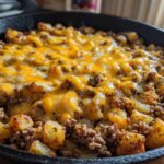 Close-up of Cheesy Taco Potatoes featuring seasoned ground meat, crispy potatoes, and melted cheddar cheese in a black skillet.
