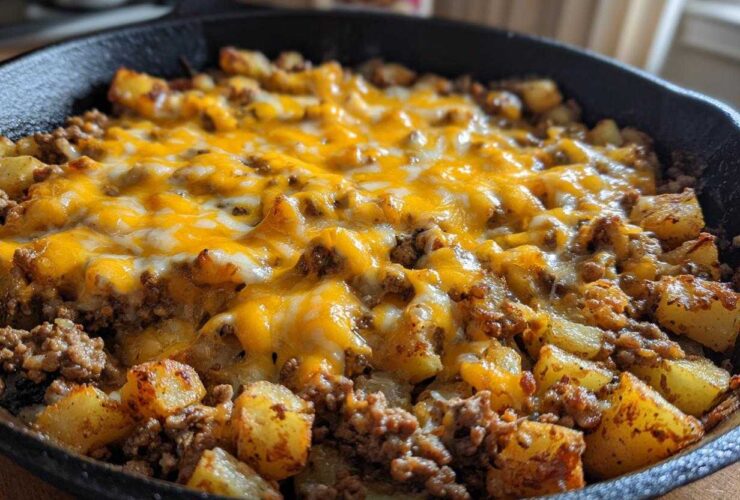 Close-up of Cheesy Taco Potatoes featuring seasoned ground meat, crispy potatoes, and melted cheddar cheese in a black skillet.
