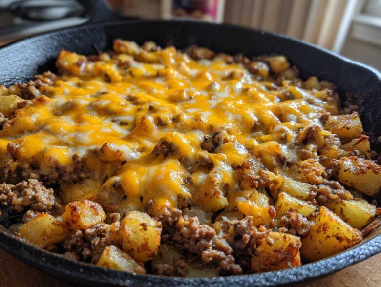 Close-up of Cheesy Taco Potatoes featuring seasoned ground meat, crispy potatoes, and melted cheddar cheese in a black skillet.