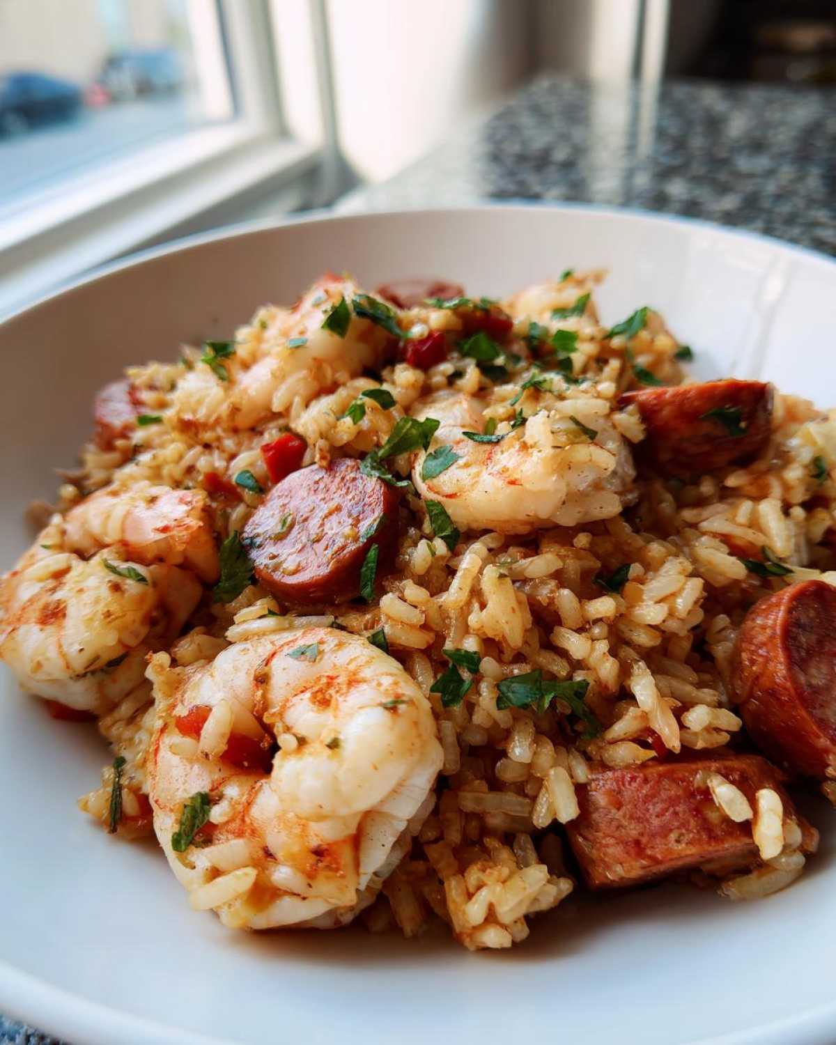 Close-up of a white bowl filled with flavorful jambalaya featuring plump shrimp and sliced andouille sausage.