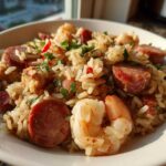 Close-up of a bowl filled with flavorful jambalaya featuring rice, sliced sausage, shrimp, and fresh parsley garnish.