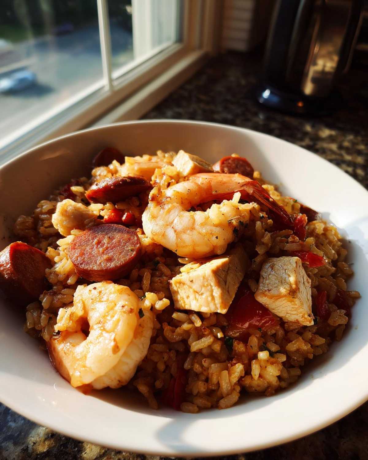 A close-up bowl of savory jambalaya featuring rice, shrimp, sliced andouille sausage, and chicken pieces.