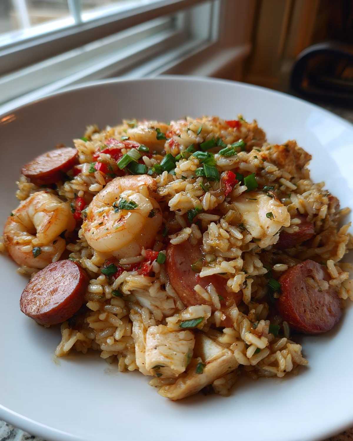 A close-up serving of flavorful jambalaya featuring shrimp, andouille sausage slices, chicken, and rice, garnished with green onions.