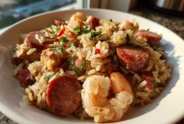 Close-up of a bowl filled with flavorful jambalaya featuring rice, sliced sausage, shrimp, and fresh parsley garnish.