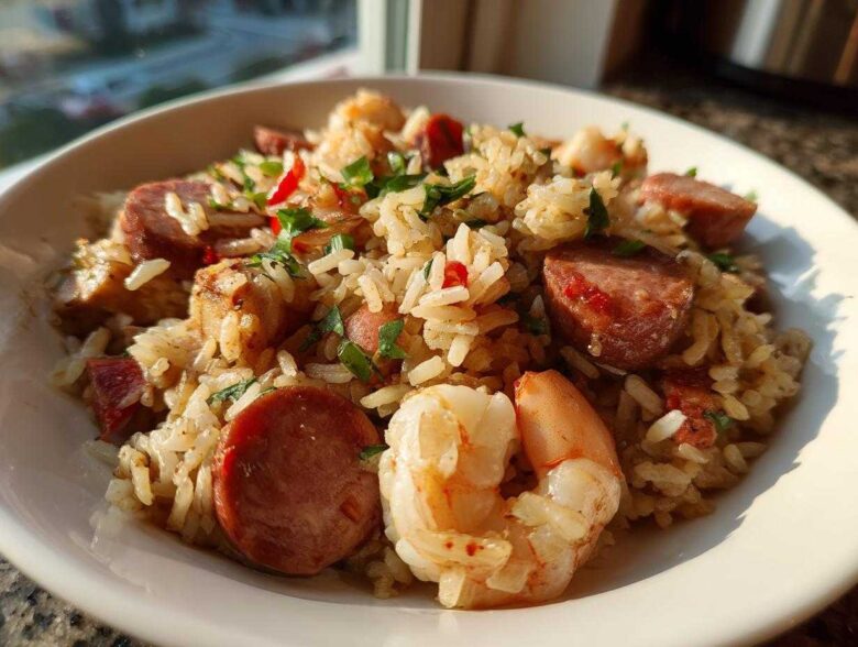 Close-up of a bowl filled with flavorful jambalaya featuring rice, sliced sausage, shrimp, and fresh parsley garnish.