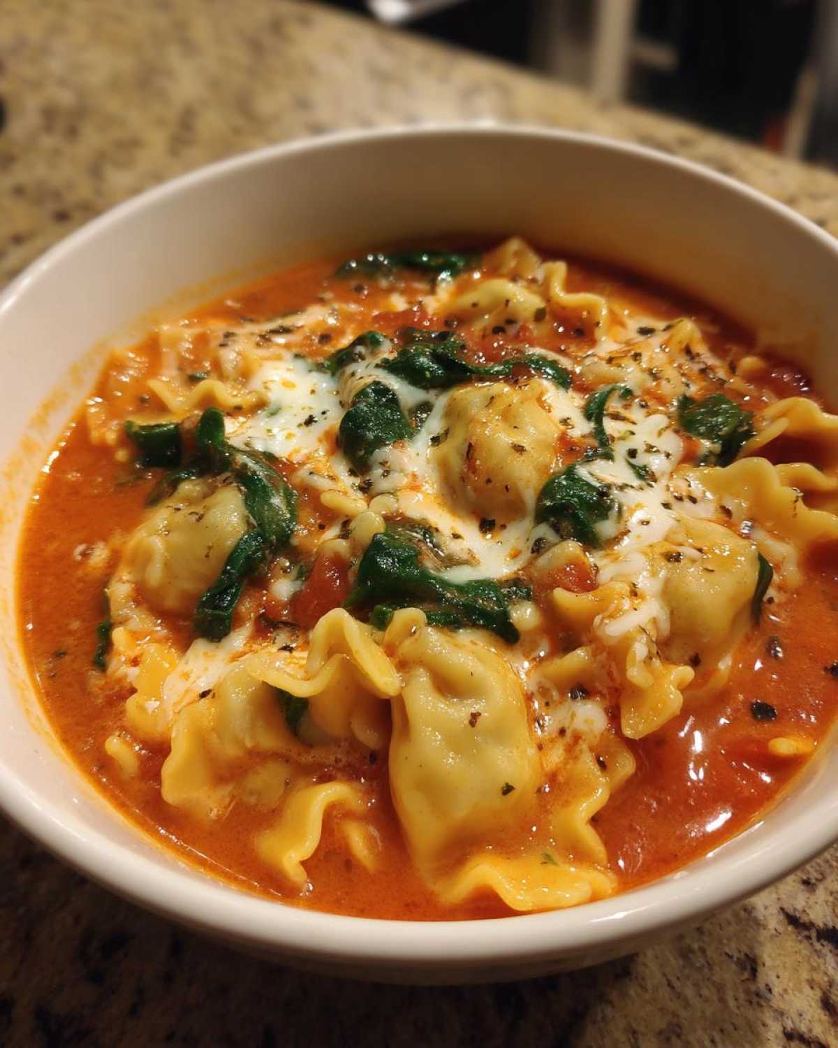 Close-up of a white bowl filled with creamy tomato one pot lasagna soup, featuring cheese tortellini, wilted spinach, and melted mozzarella.