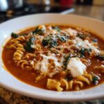 Close-up of a white bowl filled with rich, red one pot lasagna soup topped with melted mozzarella, spinach, and ricotta.