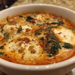 Close-up of a bowl of rich one pot lasagna soup topped with melted ricotta cheese dollops and wilted spinach.