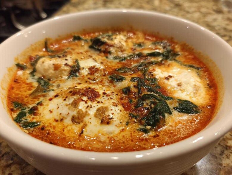 Close-up of a bowl of rich one pot lasagna soup topped with melted ricotta cheese dollops and wilted spinach.