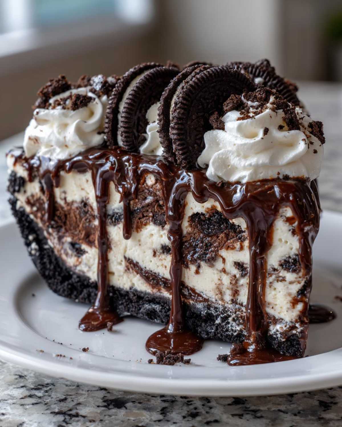 A decadent slice of ice cream pie featuring a dark cookie crust, creamy filling, whipped cream, and chocolate syrup dripping over Oreo cookies.