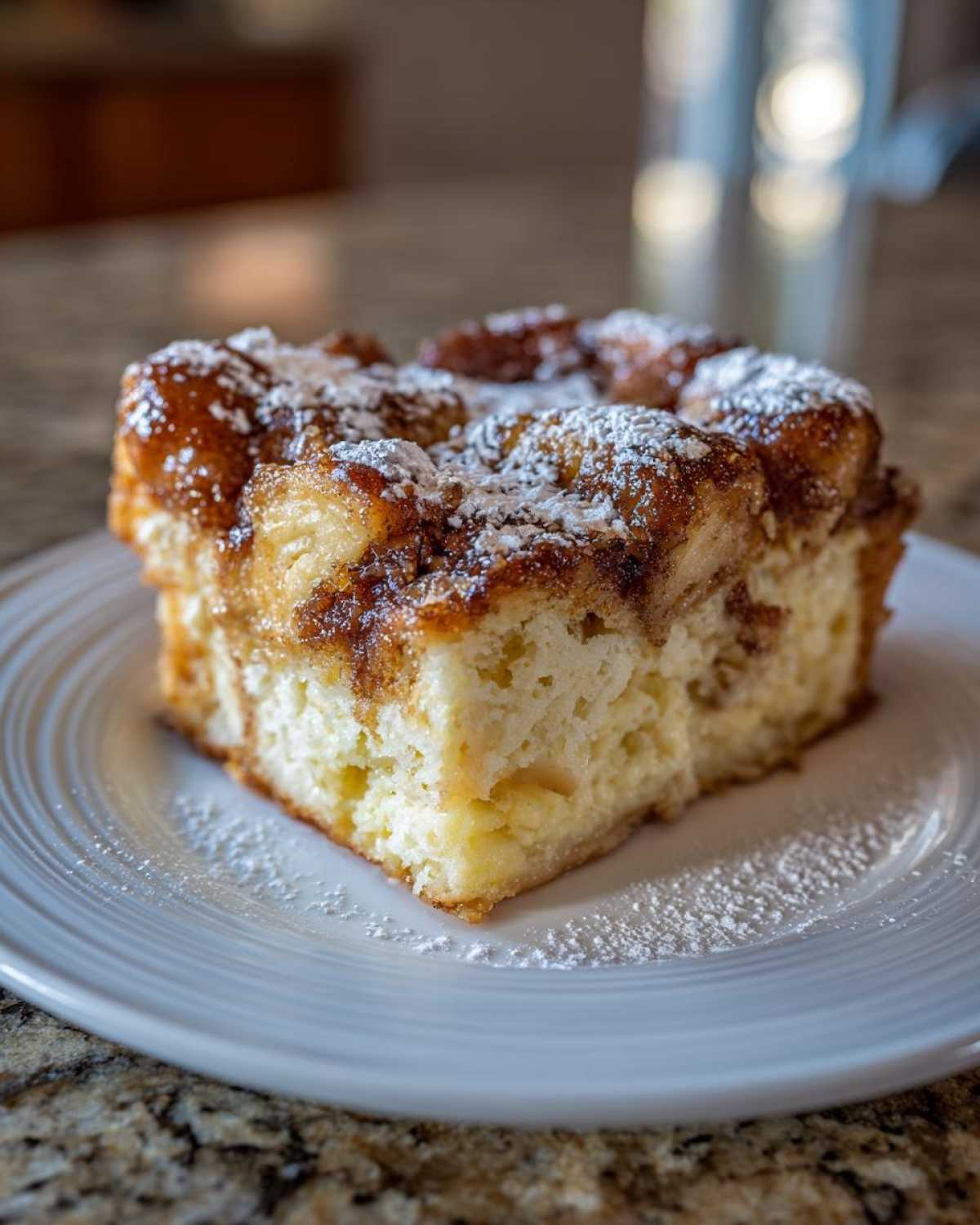 A square slice of moist overnight french toast, topped with cinnamon glaze and powdered sugar, served on a white plate.